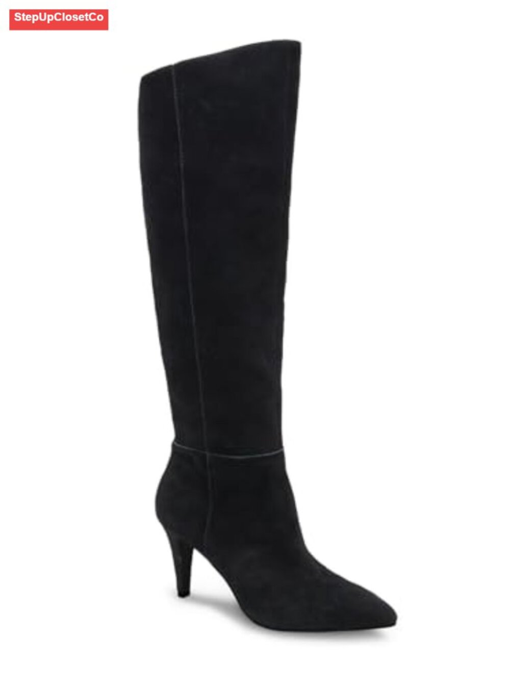 Faux Suede Wide Calf Knee High Boots Pointed Toe Stiletto Heel